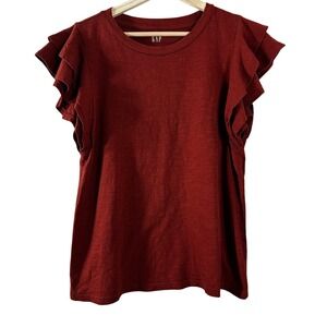 Gap Womens Rust Red Tiered Ruffle Cap Sleeve Cotton Modal Slub Tee Top Small